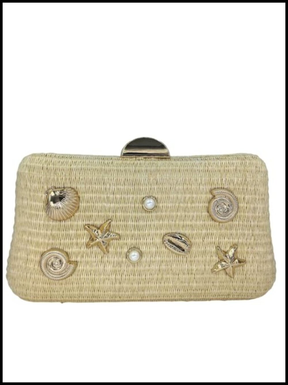 Woven Straw Clutch with Seashell Accents - Boho Beach Evening Bag for Women